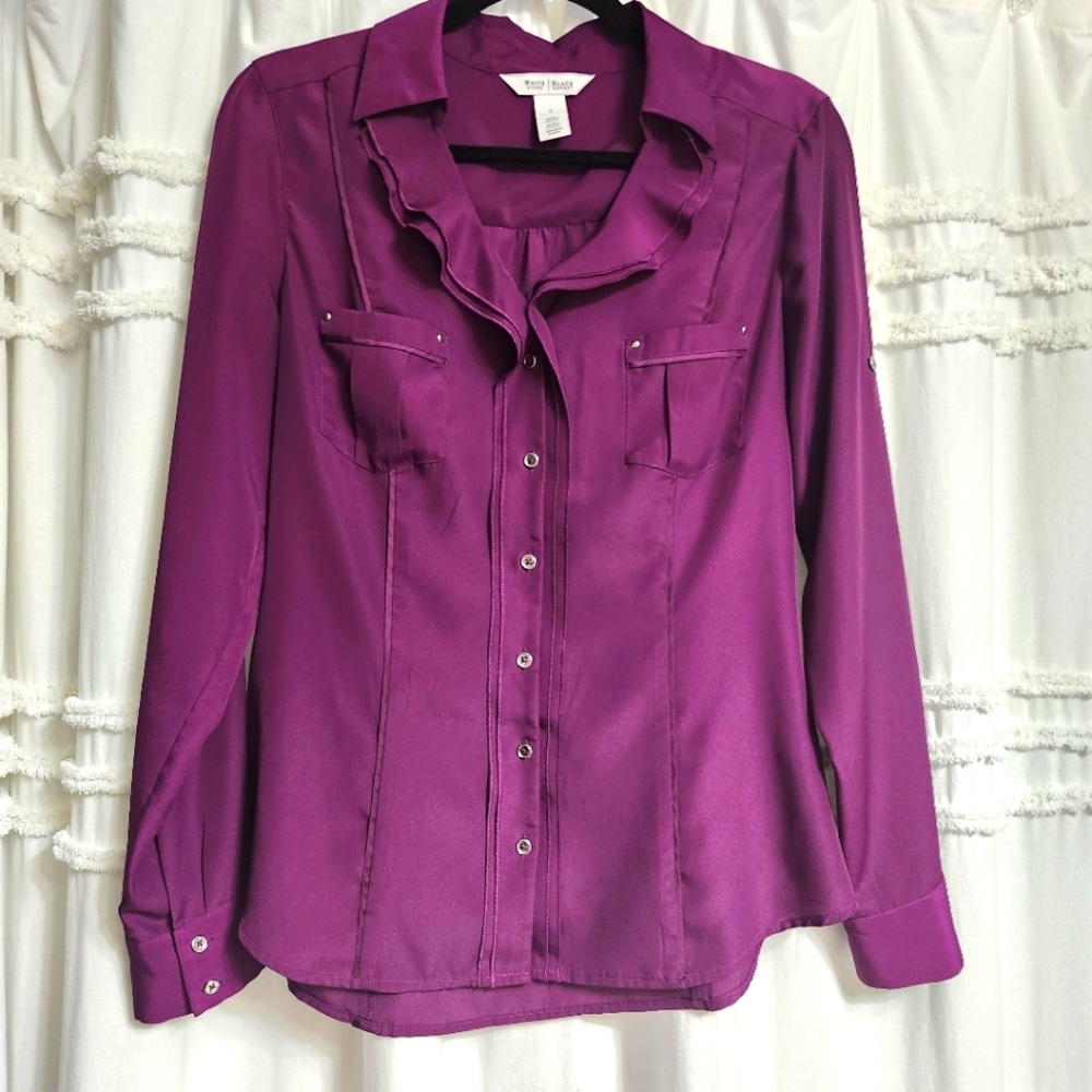 WHBM Plum Color Blouse Wirh Ruffles. Size 8